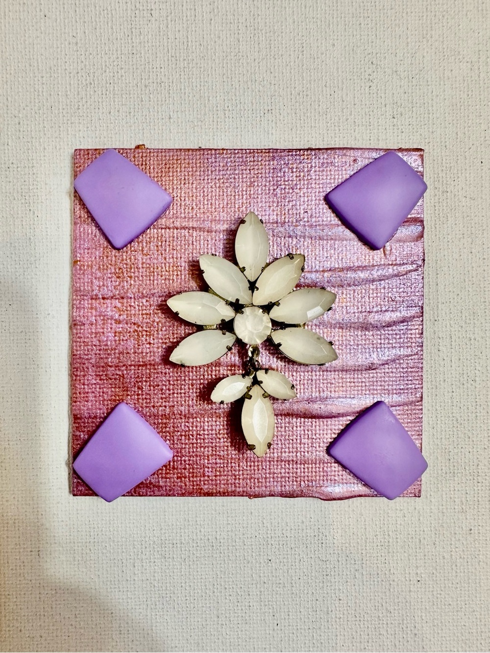 Handmade 3x3 Mixed Media Magnet Pink Purple Rhinestone Flower